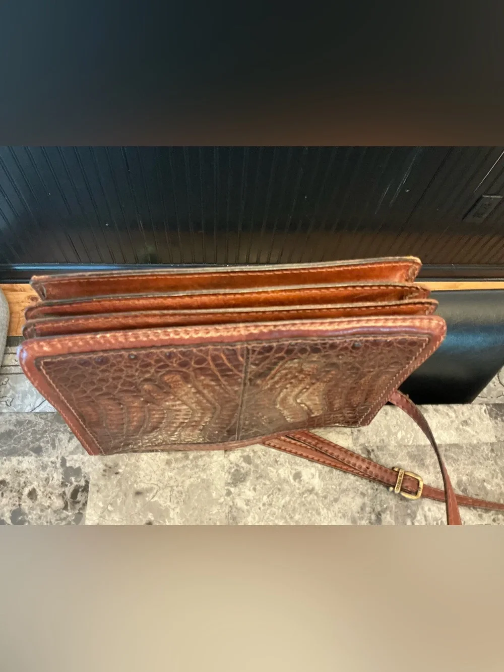 The Bridge Italy Vintage Western Croc Effect Leather Shoulder Bag Cognac Brown